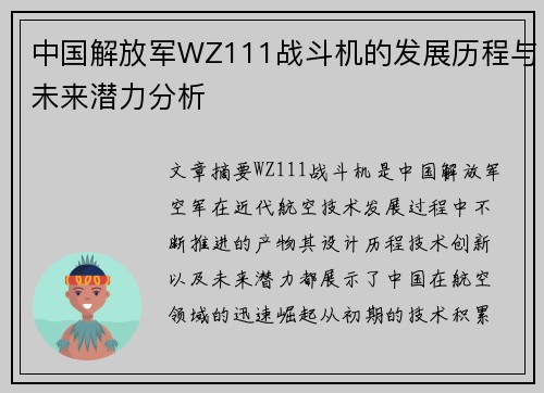 中国解放军WZ111战斗机的发展历程与未来潜力分析