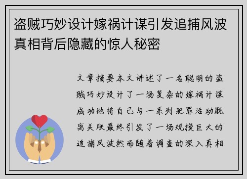 盗贼巧妙设计嫁祸计谋引发追捕风波真相背后隐藏的惊人秘密