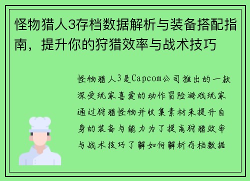 怪物猎人3存档数据解析与装备搭配指南，提升你的狩猎效率与战术技巧