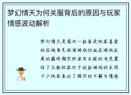 梦幻情天为何关服背后的原因与玩家情感波动解析